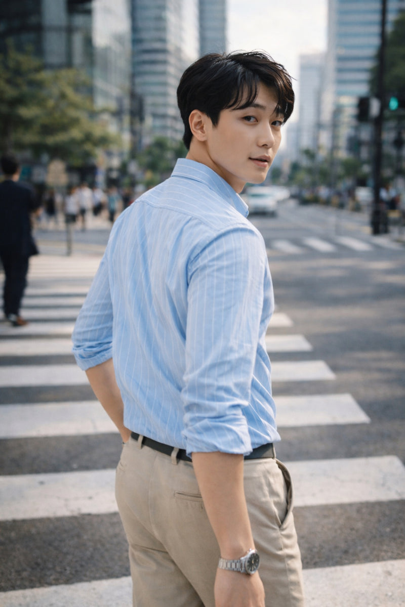Mens Light Blue Striped Slim Fit Casual Shirt 5