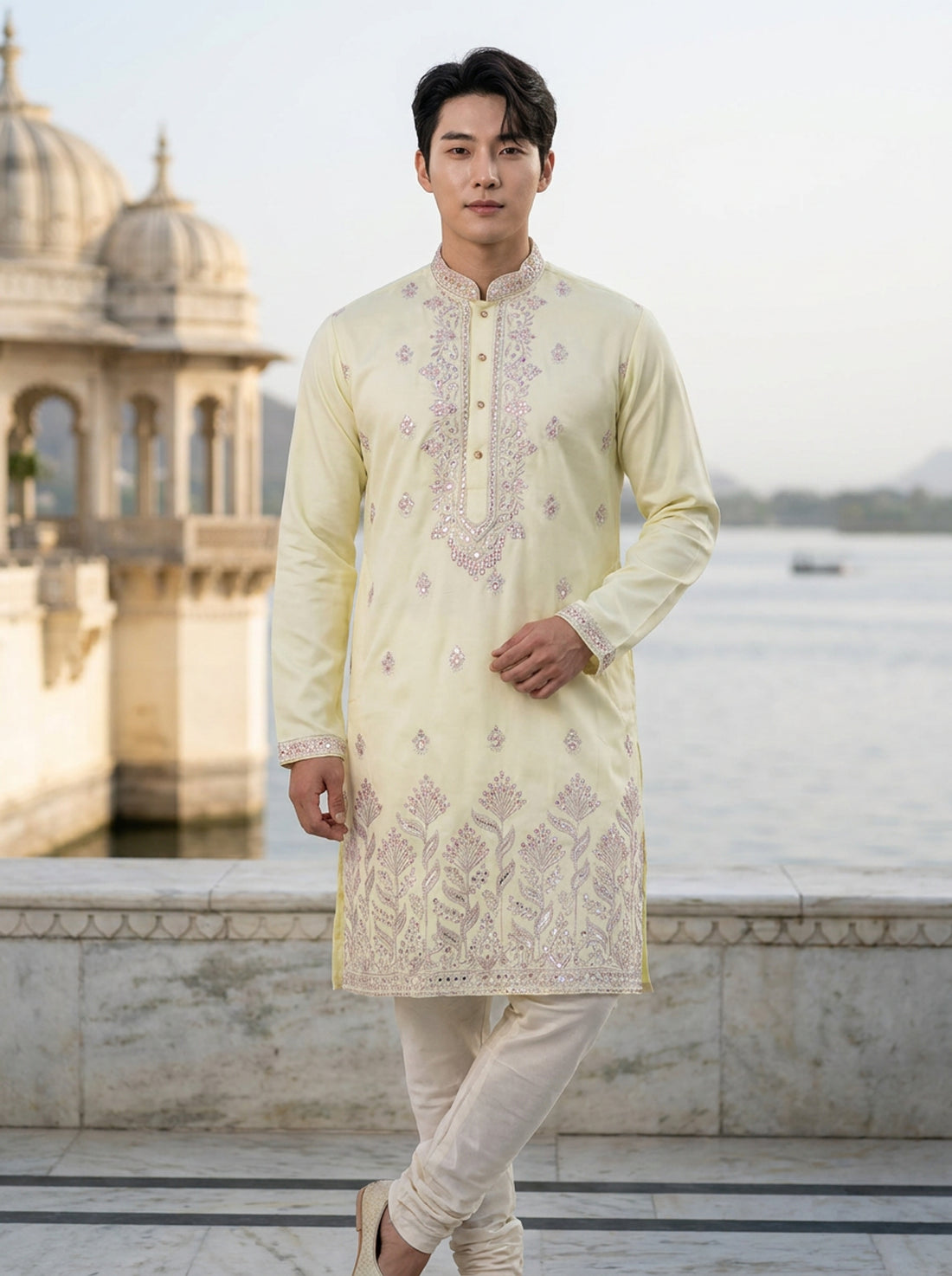 Men's Ivory Art Silk Blend Festive Embroidered Kurta