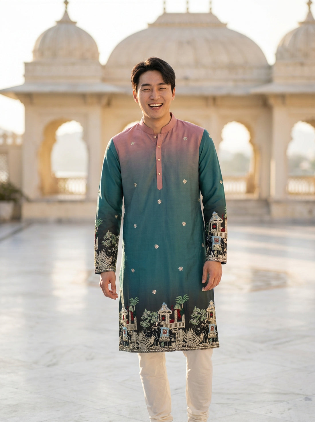 Men's Ombre Teal-Pink Kurta with Intricate Folk Art Embroidery