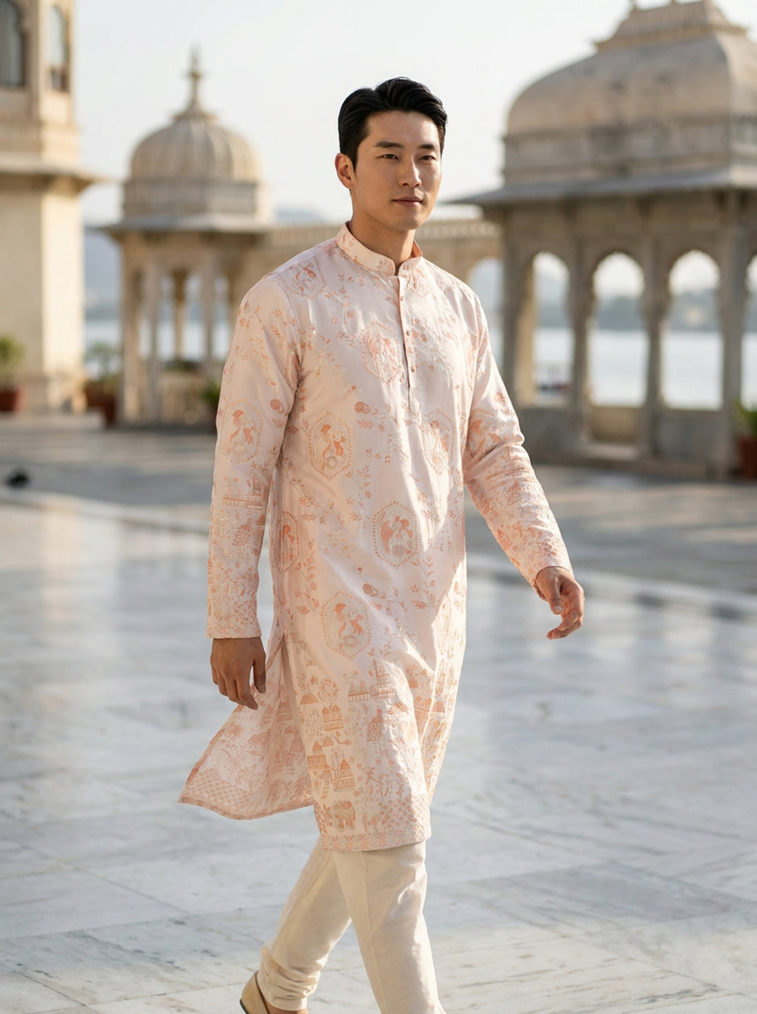 Men's Ivory Embroidered Art Silk Blend Festive Kurta
