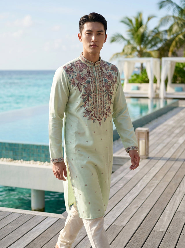Men's Mint Green Art Silk Embroidered Festive Kurta