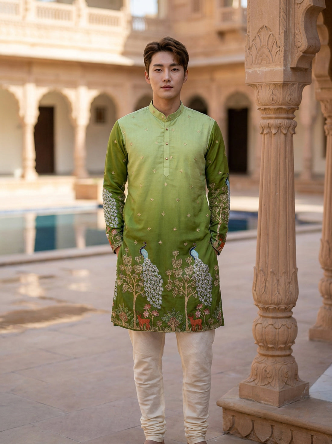 Men's Art Silk Ombre Green Tree of Life Embroidered Kurta