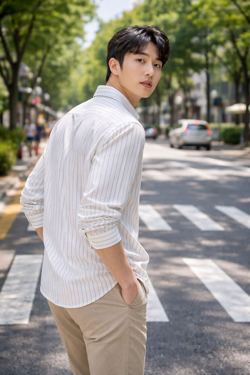 Mens White Striped Slim Fit Casual Shirt 5