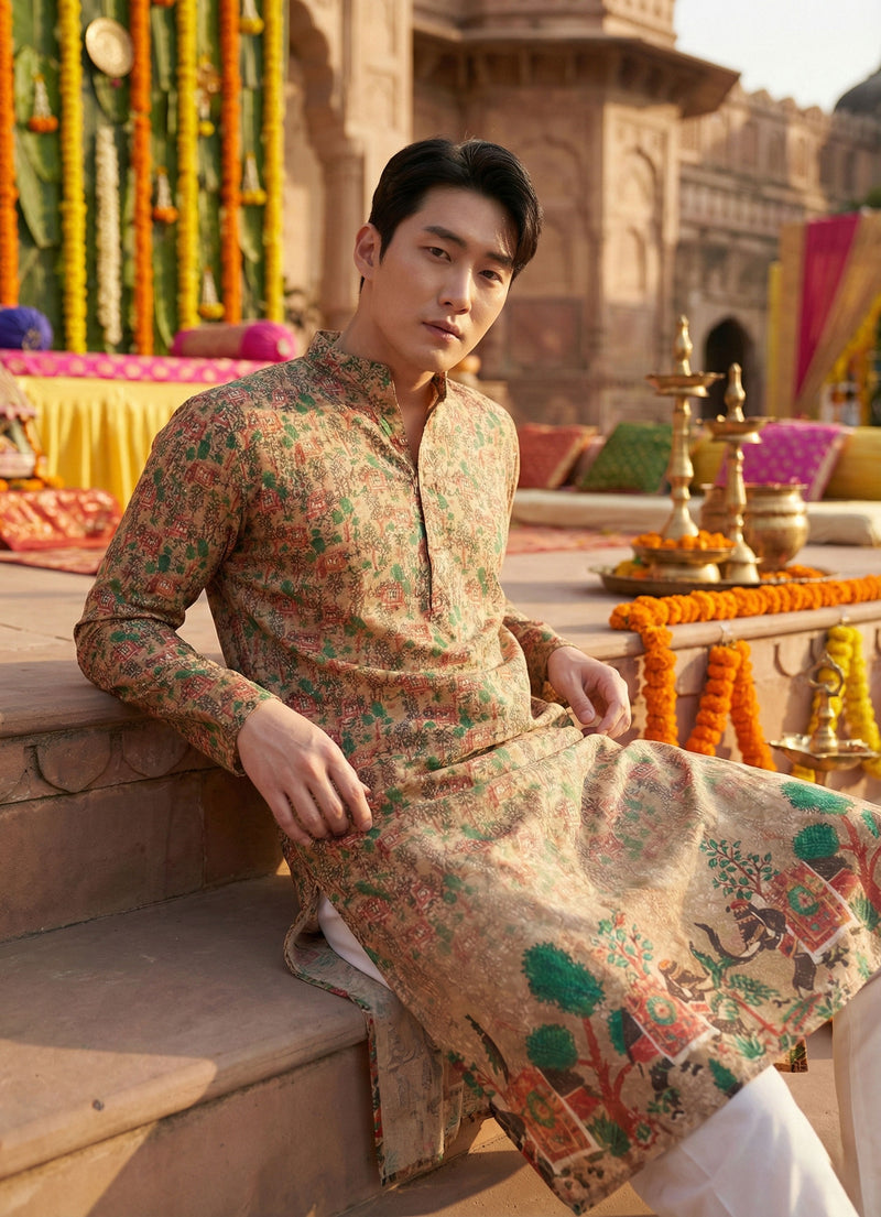 Men’s Beige Village Motif Printed Kurta 1