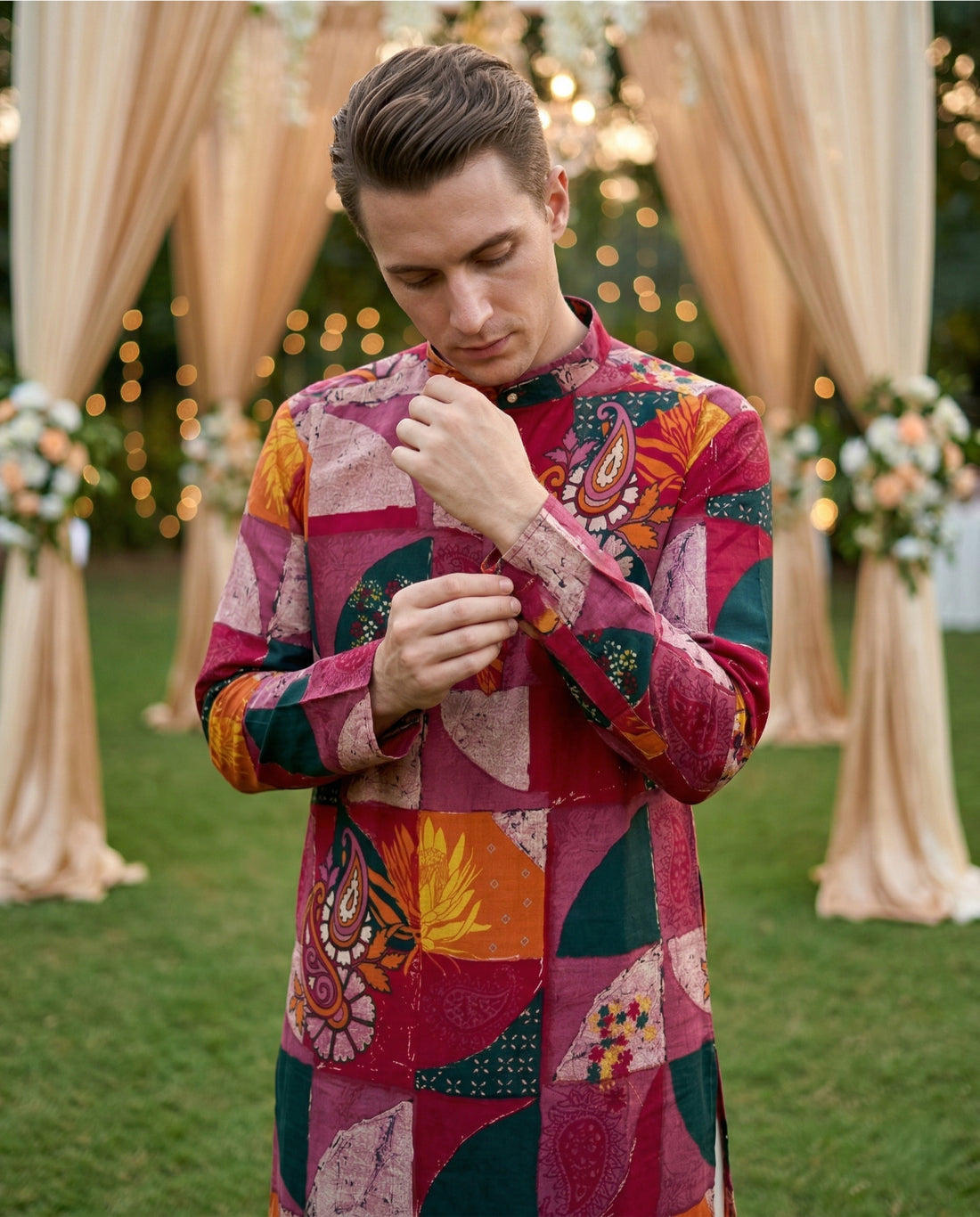 Men’s maroon geometric and paisley printed kurta