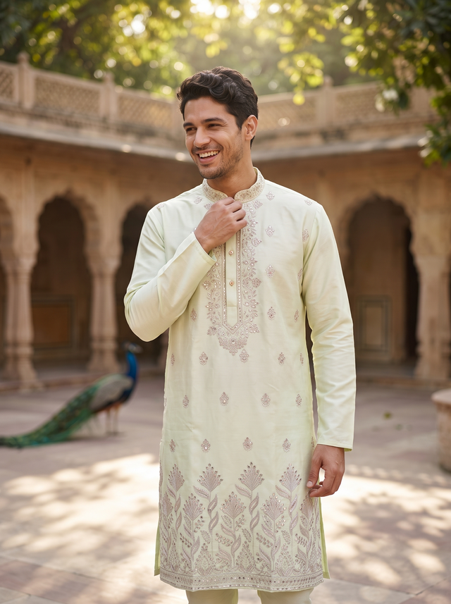 Men's Pistachio Green Embroidered Art Silk Kurta