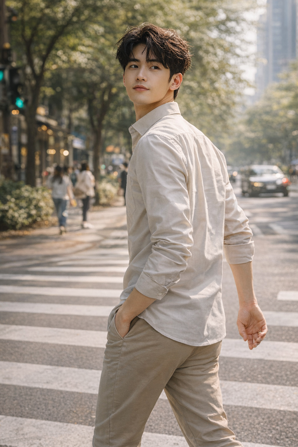 Men's cream slim-fit casual shirt, product view