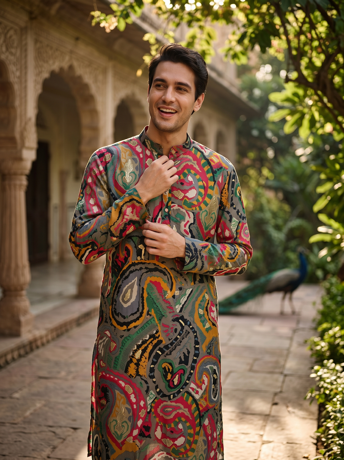 Men's Vibrant Multicolor Paisley Print Art Silk Blend Kurta