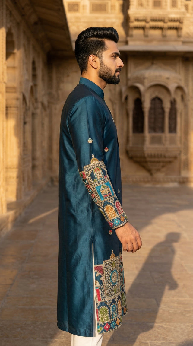 Men Blue Kurta for Festive & Wedding Wear with Ethnic Border