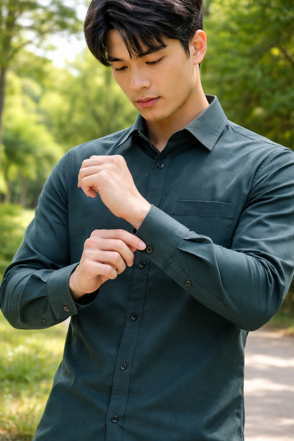 Men's dark green slim-fit casual shirt, product view