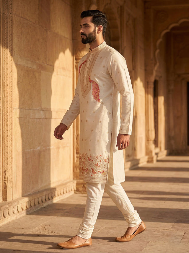 Men Cream Peacock Embroidered Ethnic Kurta with Floral Border