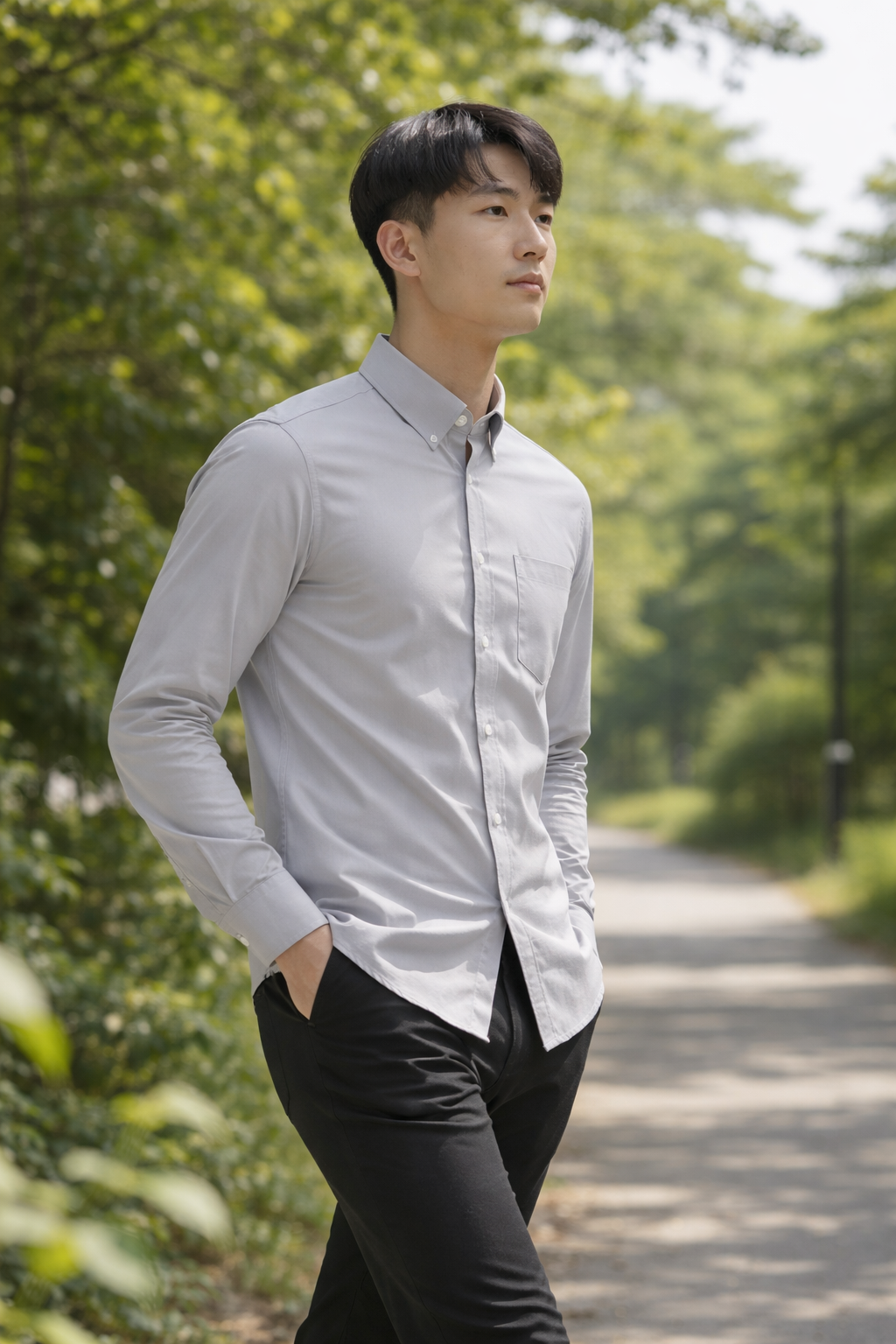 Men's light grey slim-fit casual shirt, product view