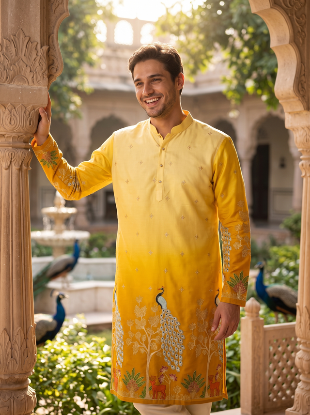 Men's Festive Yellow Ombre Art Silk Kurta with Peacock & Forest Embroidery