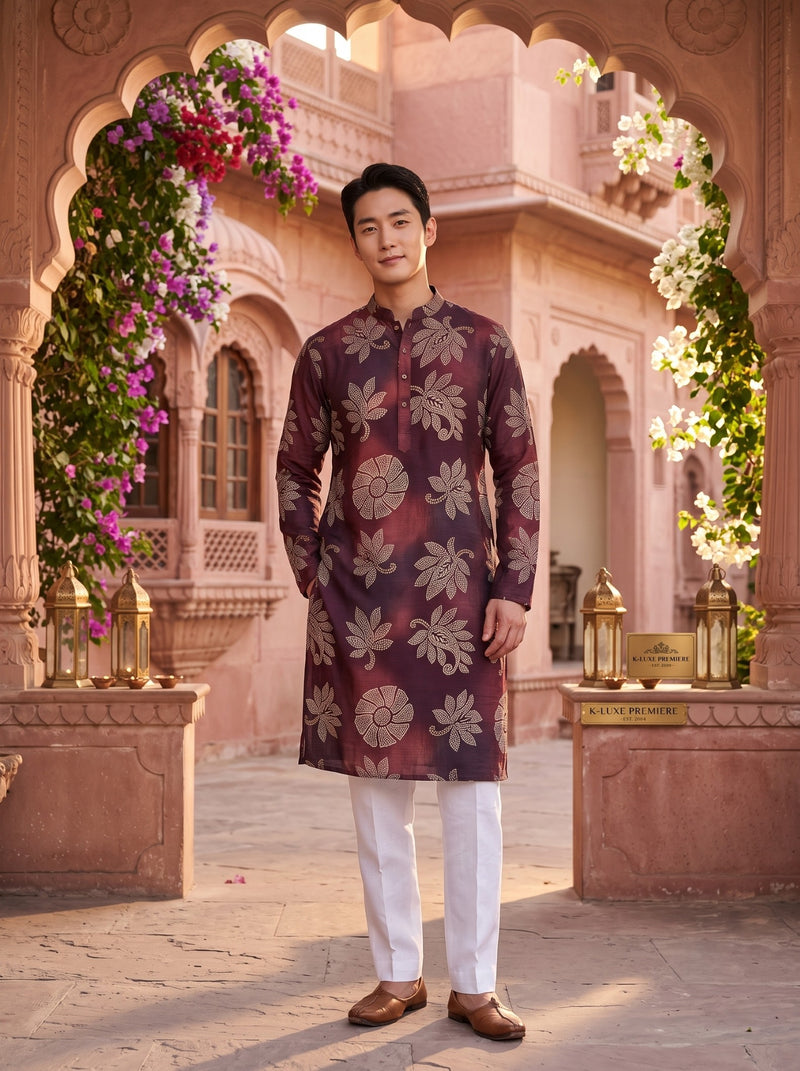 Men's Wine Maroon Beige Botanical Print Viscose Rayon Blend Kurta 5