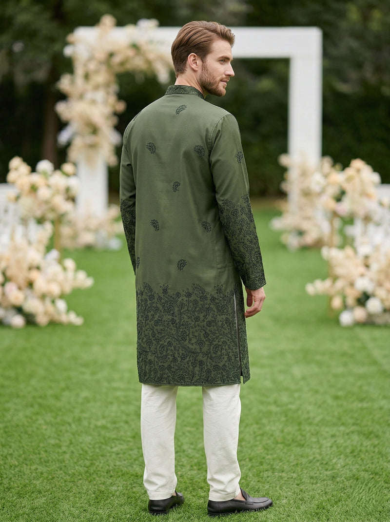 Men Olive Green Embroidered Ethnic Kurta 6