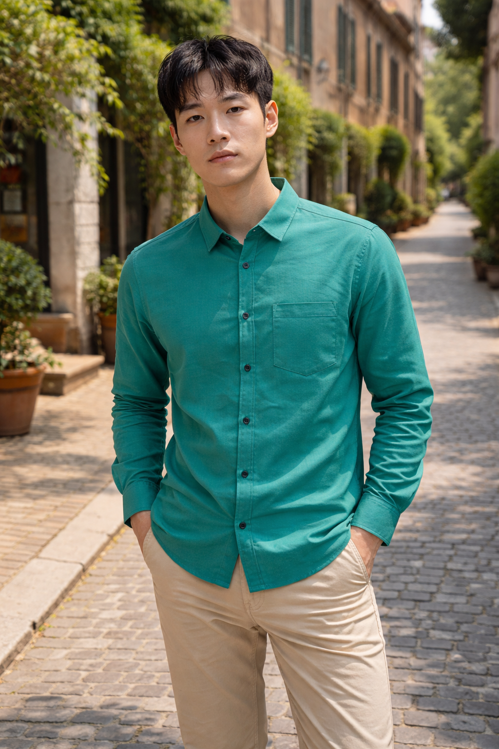 Men's teal green slim-fit casual shirt, product view