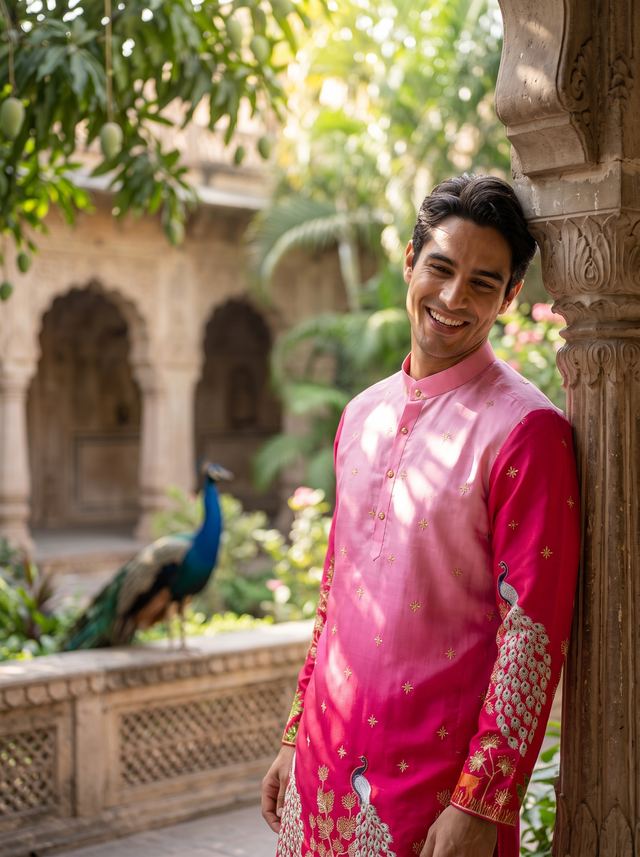 Men's Ombre Pink Peacock Embroidered Art Silk Kurta