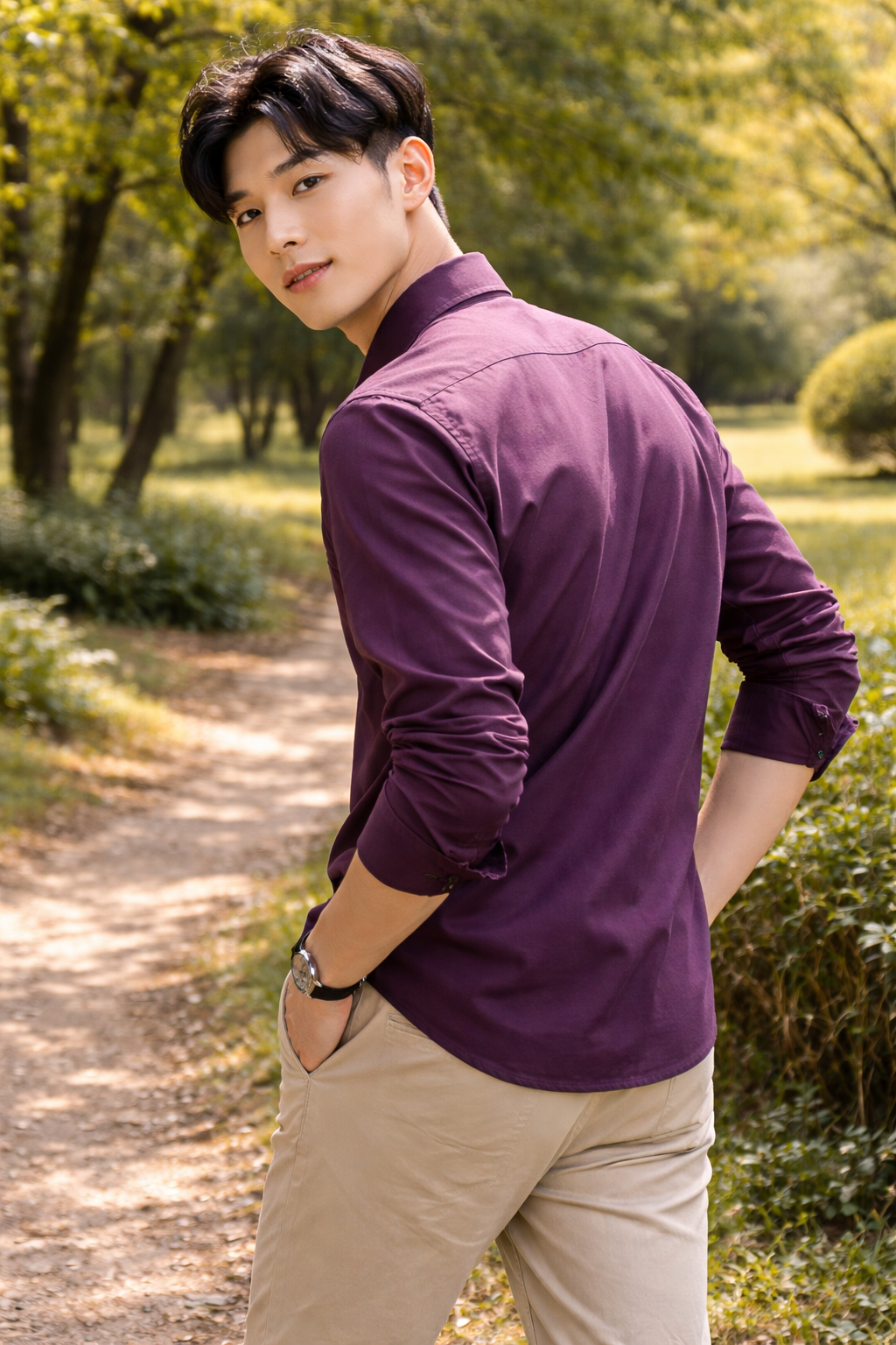 Men's plum slim-fit casual shirt, product view