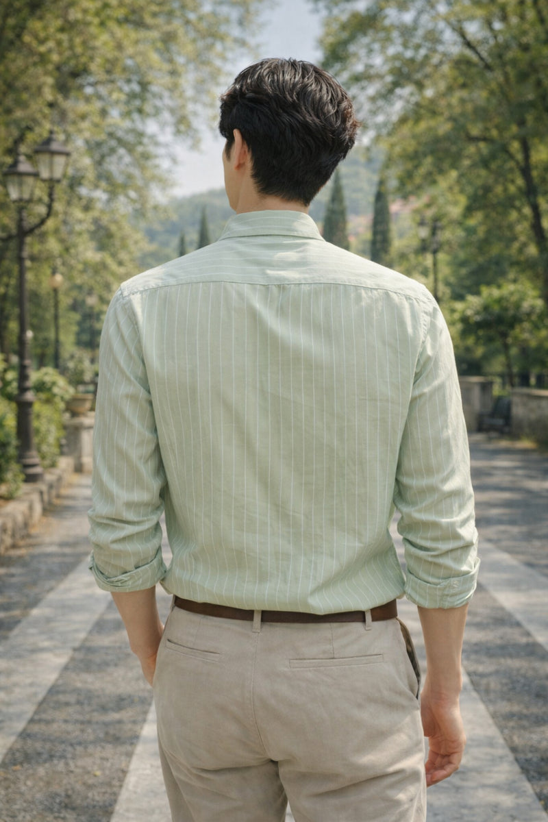 Mens Light Green Striped Slim Fit Casual Shirt 6