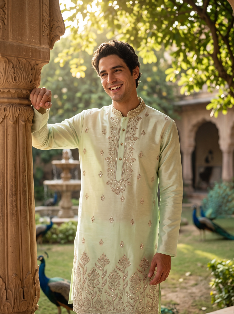 Men's pistachio green embroidered art silk kurta