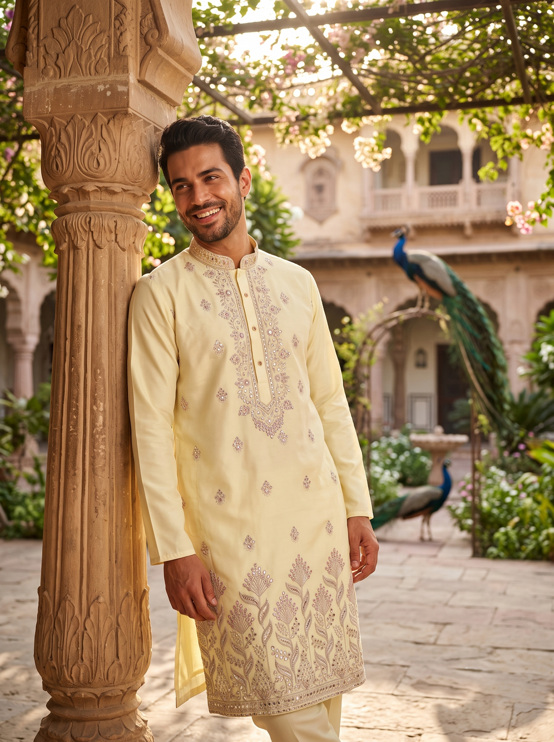 Men's Ivory Art Silk Blend Festive Embroidered Kurta