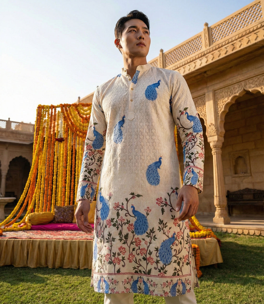Men’s Cream Peacock Motif Printed Kurta