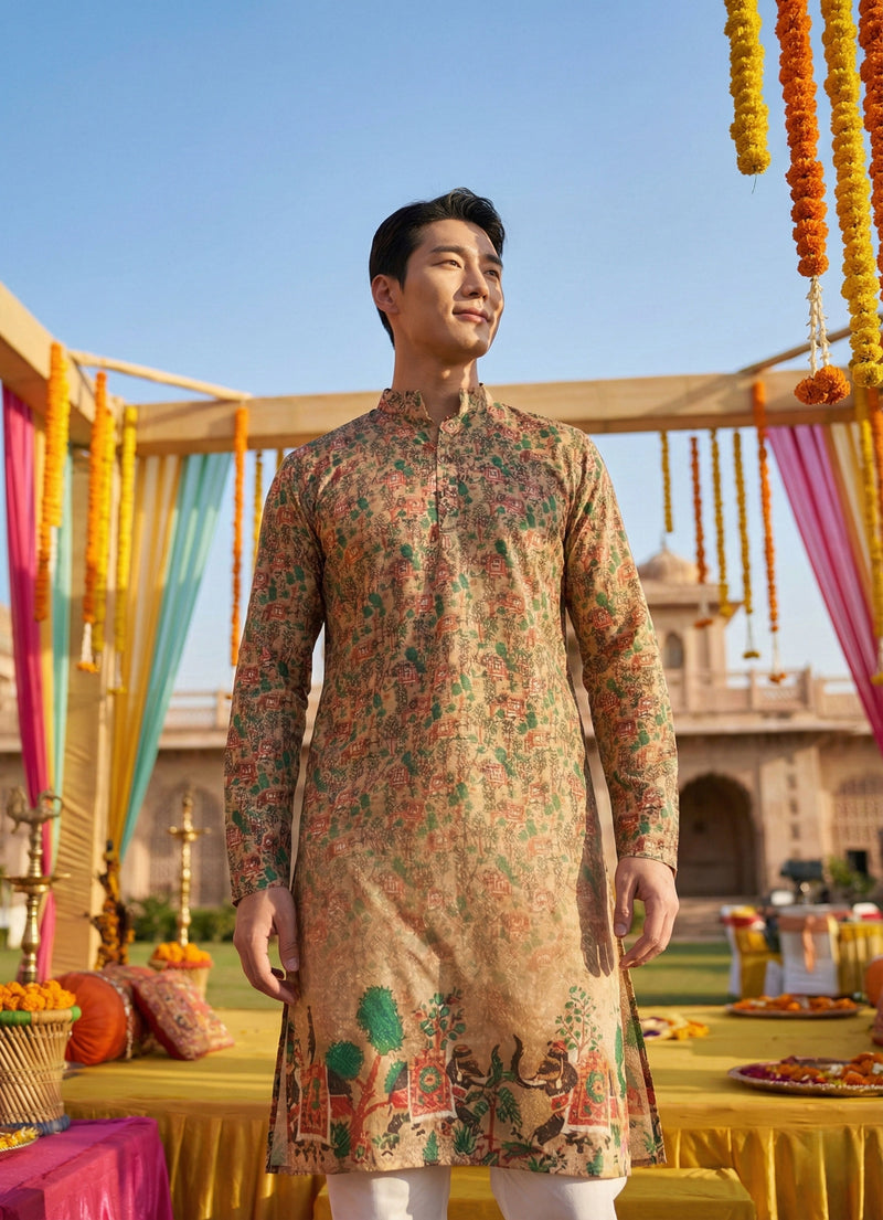 Men’s Beige Village Motif Printed Kurta 5