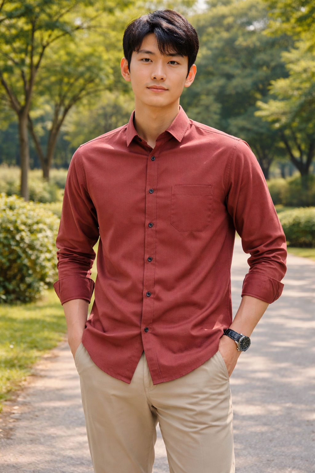 Men's burnt red slim-fit casual shirt, product view