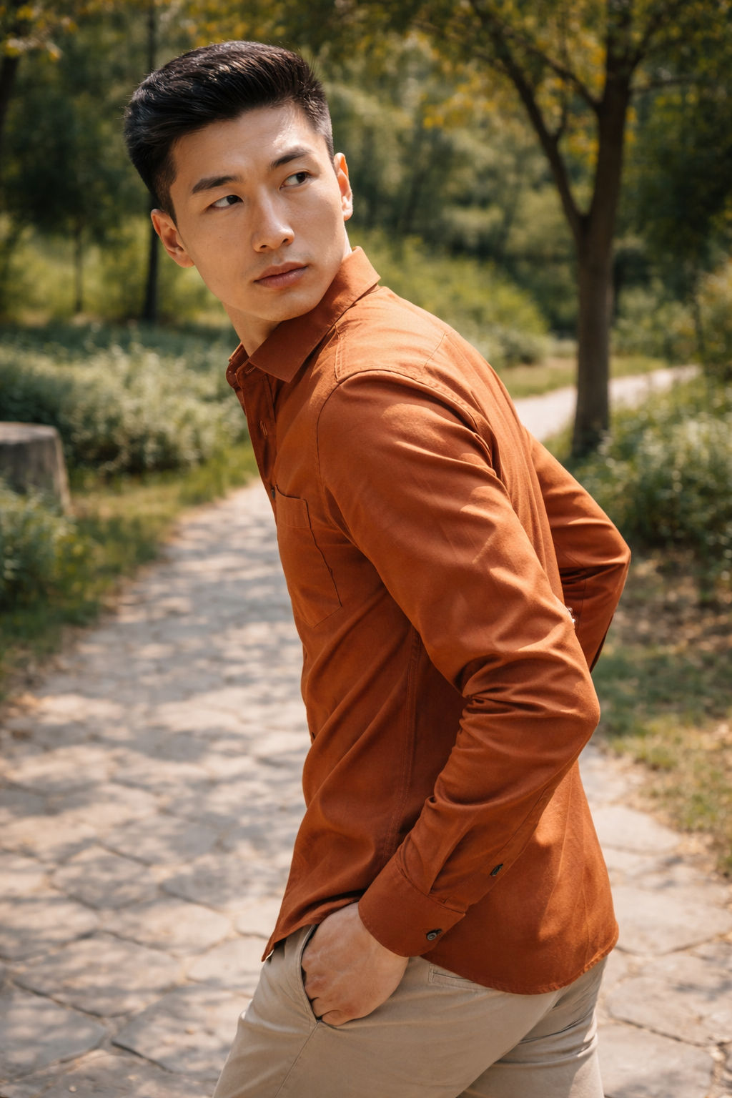 Men's burnt orange slim-fit casual shirt, product view