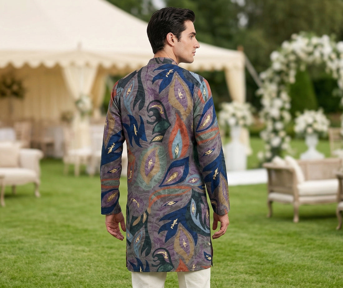 Men’s Grey Abstract Leaf Printed Kurta