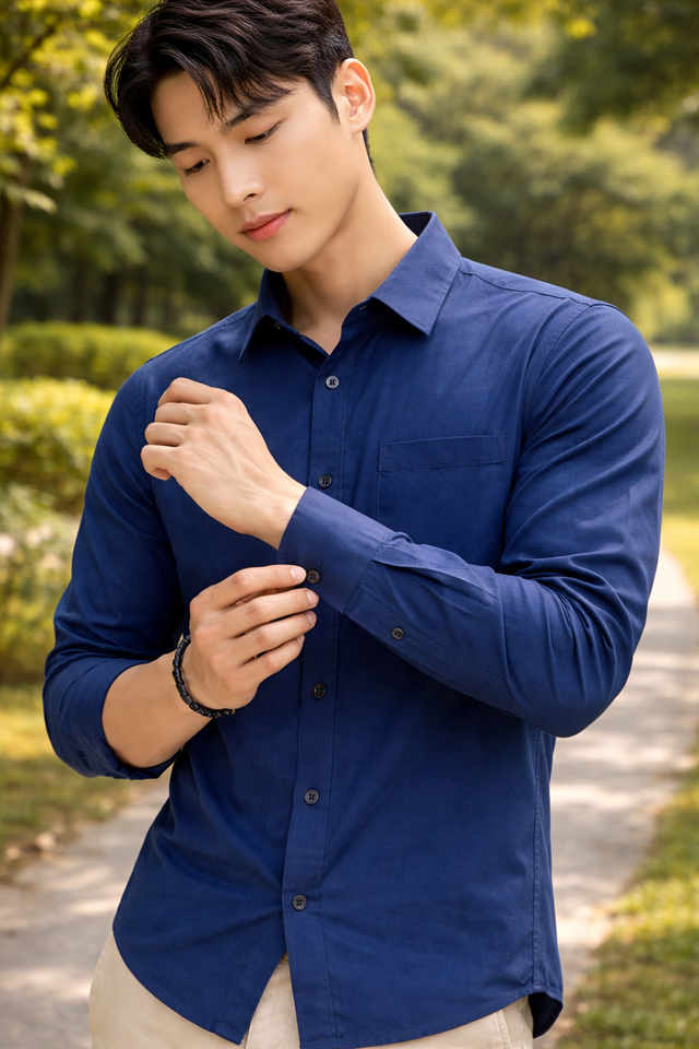 Men's navy blue slim-fit casual shirt, product view