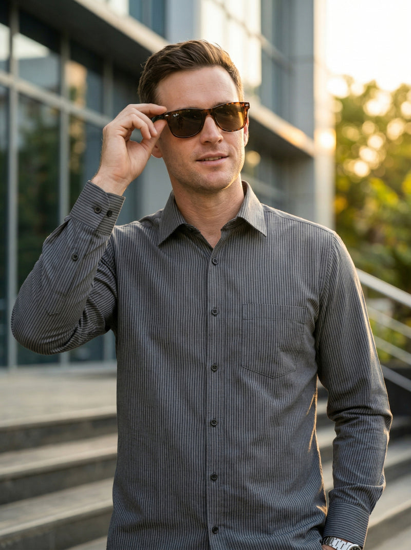 Men Grey Textured Striped Slim Fit Casual Shirt 6