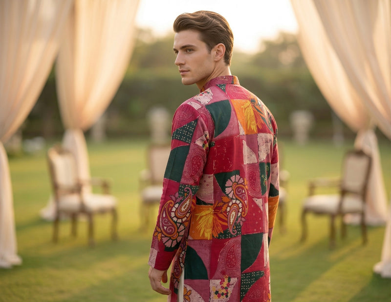 Men’s Maroon Patchwork Printed Kurta 5