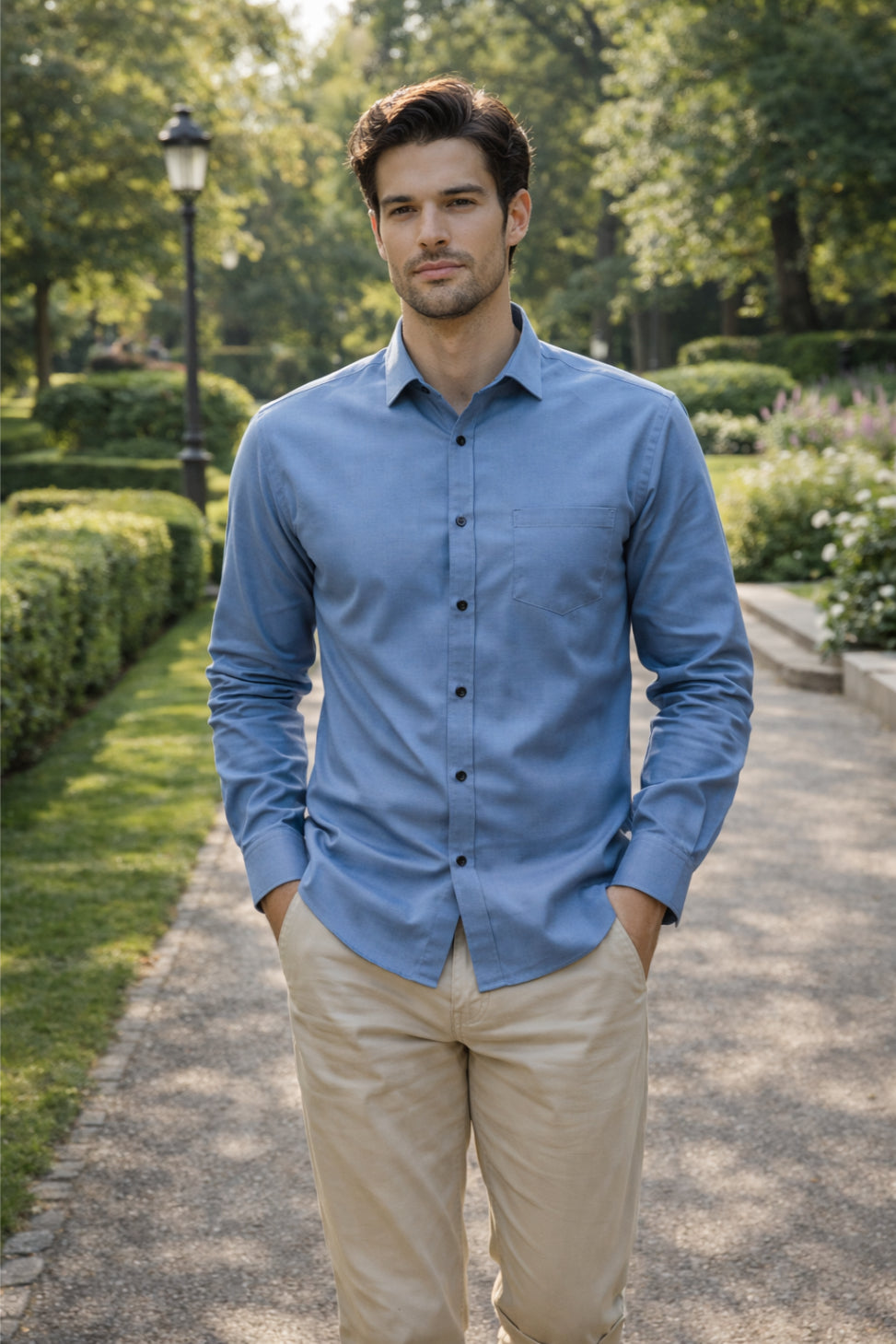 Men's light blue solid slim-fit shirt, product view