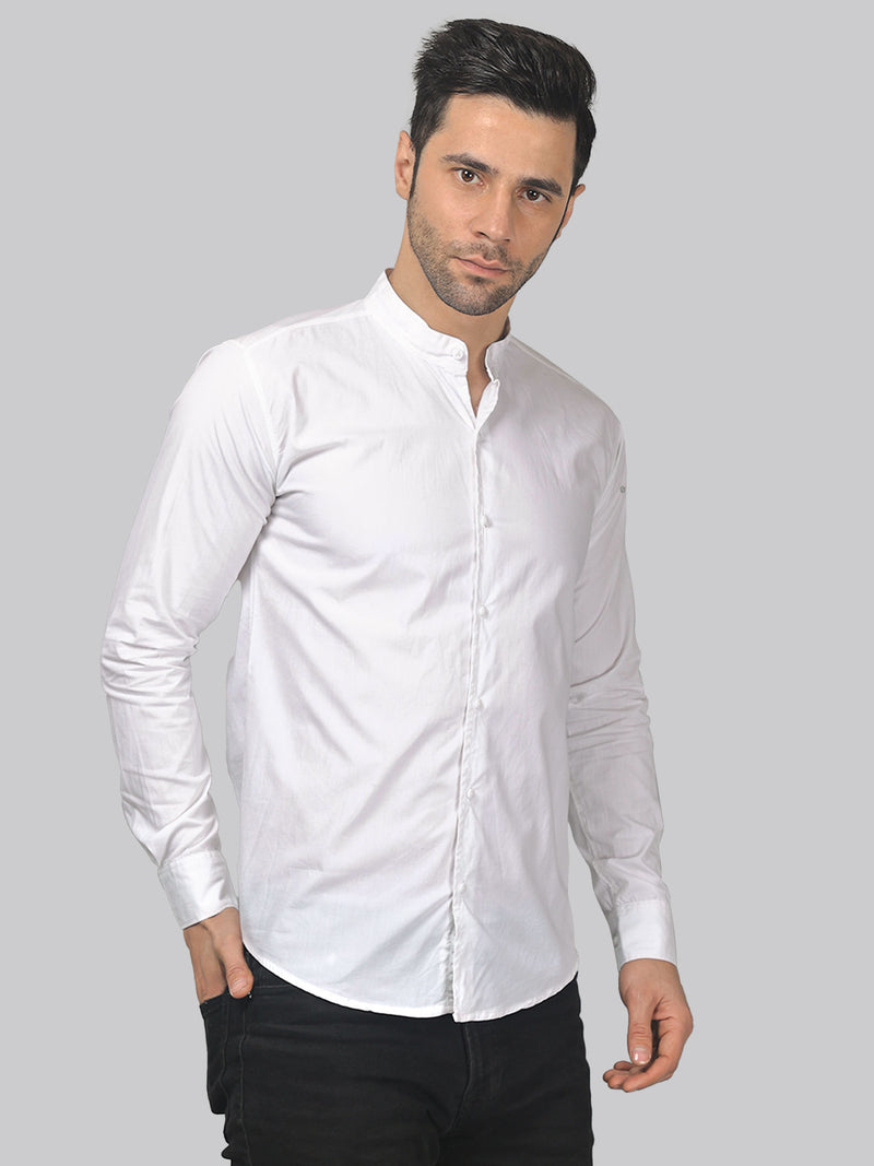 White Mandarin Collar Cotton Shirt for Men 2