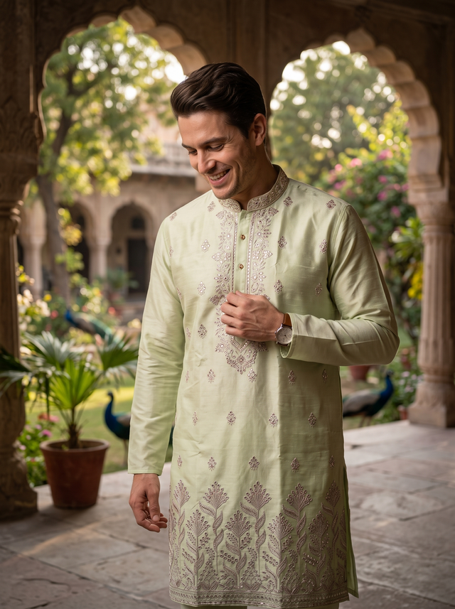 Men's Pistachio Green Embroidered Art Silk Kurta