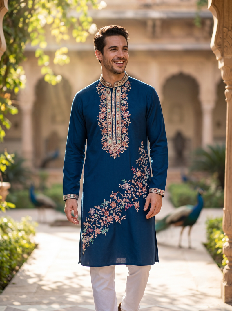 Men's Navy Floral Embroidered Art Silk Blend Kurta 3