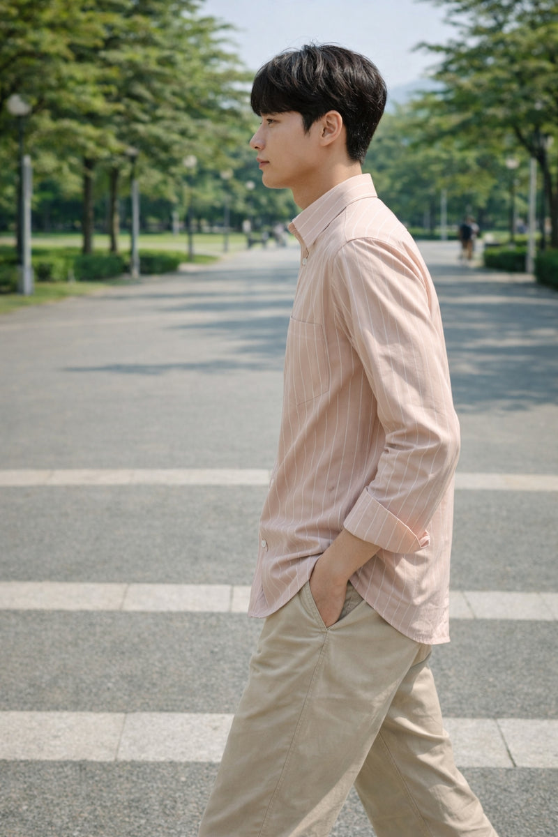 Mens Light Pink Striped Slim Fit Casual Shirt 5