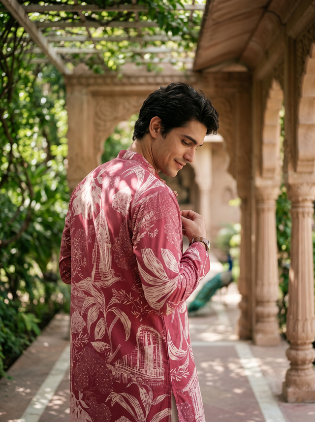 Men's Maroon Floral & Architectural Print Art Silk Blend Kurta