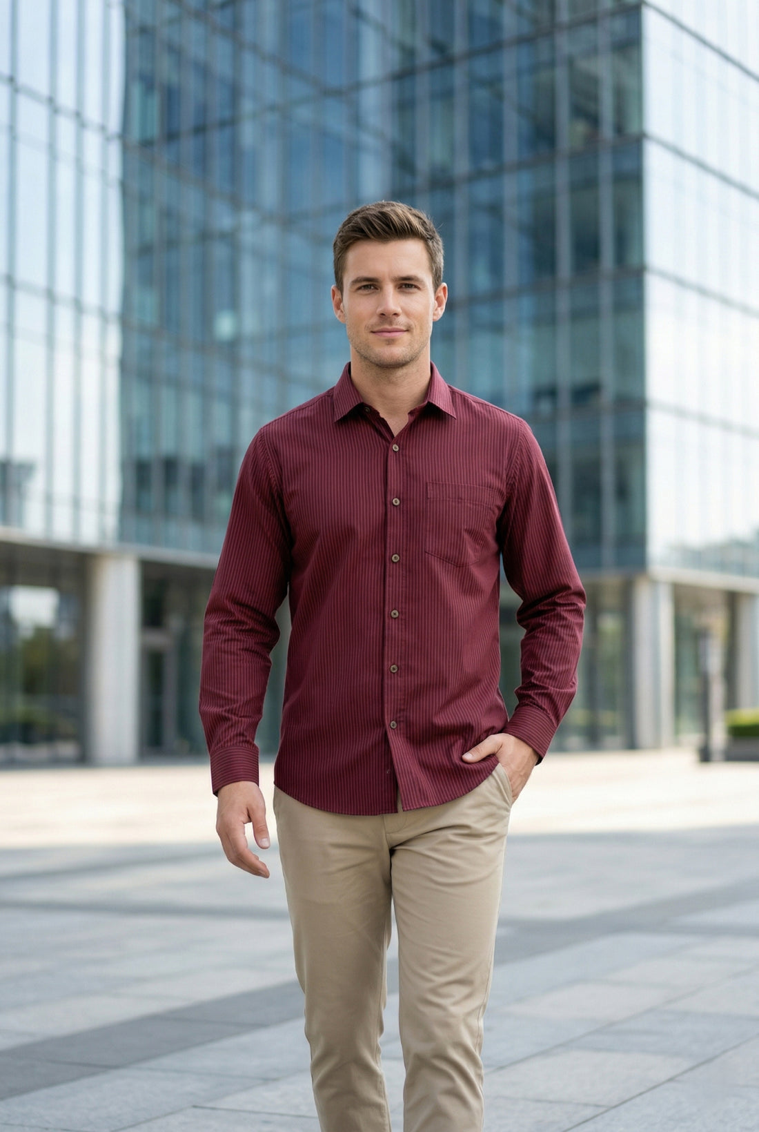 Men Burgundy Textured Striped Slim Fit Casual Shirt