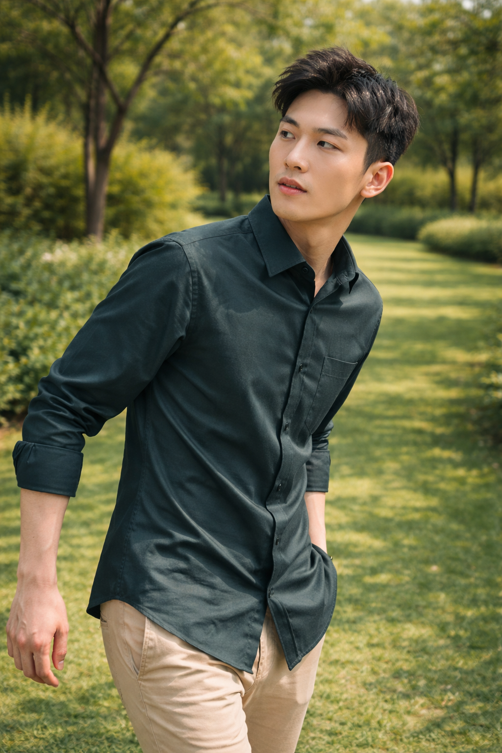 Men's dark green slim-fit casual shirt, product view
