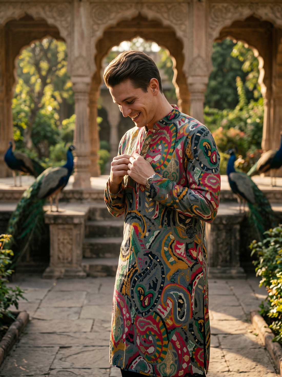 Men's Vibrant Multicolor Paisley Print Art Silk Blend Kurta