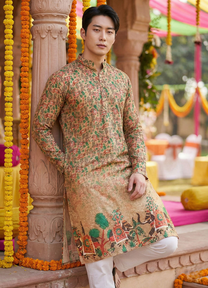 Men’s Beige Village Motif Printed Kurta 2