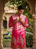 Men's Ombre Pink Peacock Embroidered Art Silk Kurta