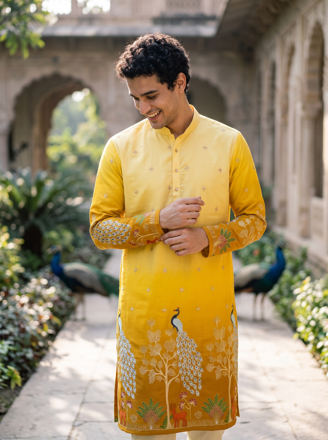 Men's Festive Yellow Ombre Art Silk Kurta with Peacock & Forest Embroidery