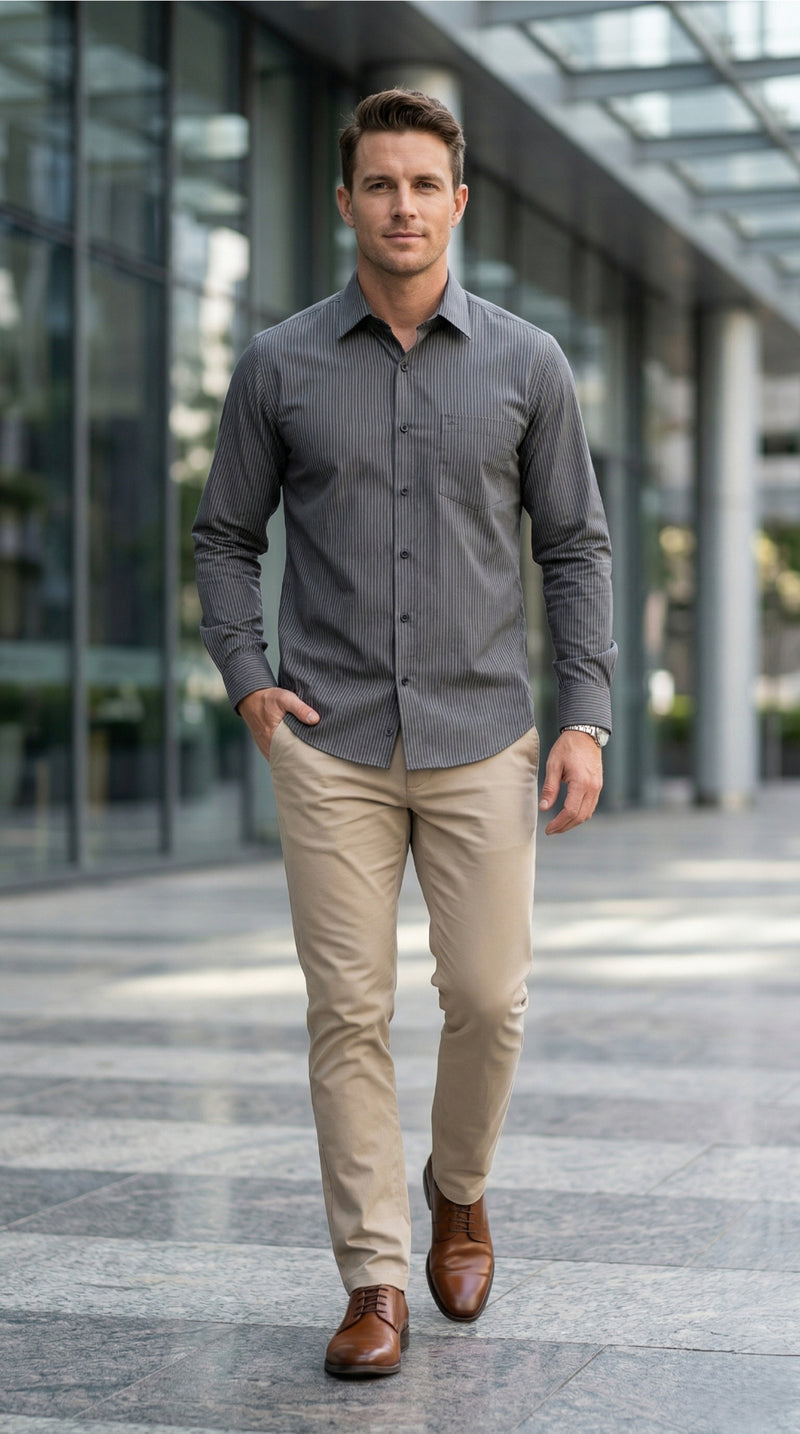 Men Grey Textured Striped Slim Fit Casual Shirt 3