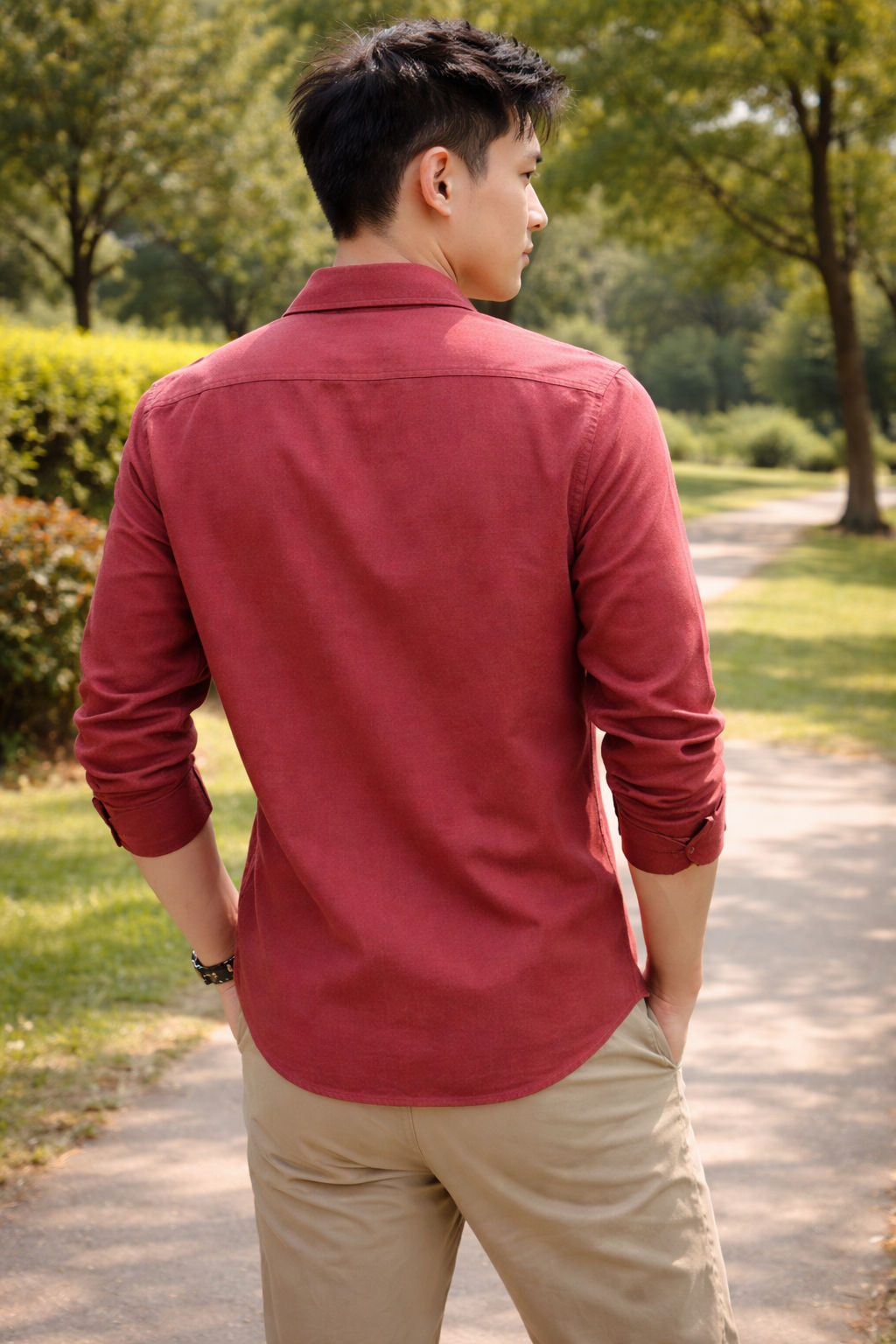 Men's rust red slim-fit casual shirt, product view