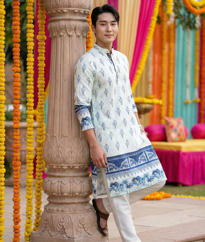 Men’s Cream & Blue Ethnic Motif Printed Kurta 3
