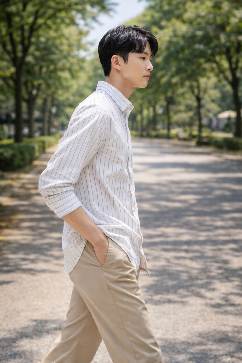 Mens White Striped Slim Fit Casual Shirt 6