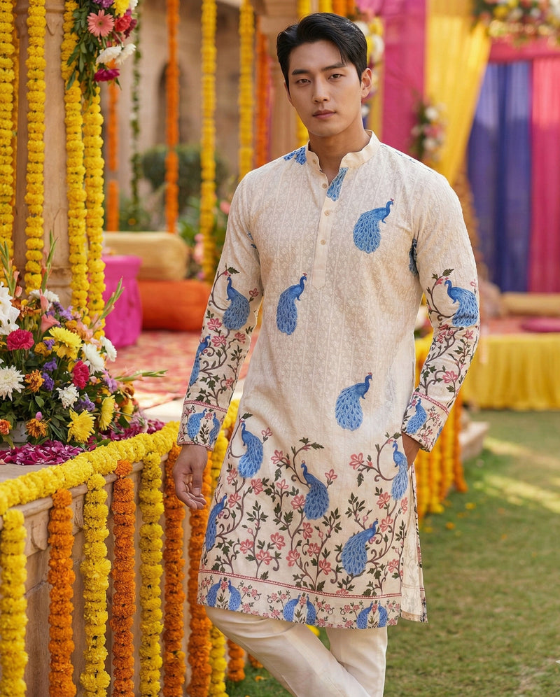 Men’s Cream Peacock Motif Printed Kurta 6